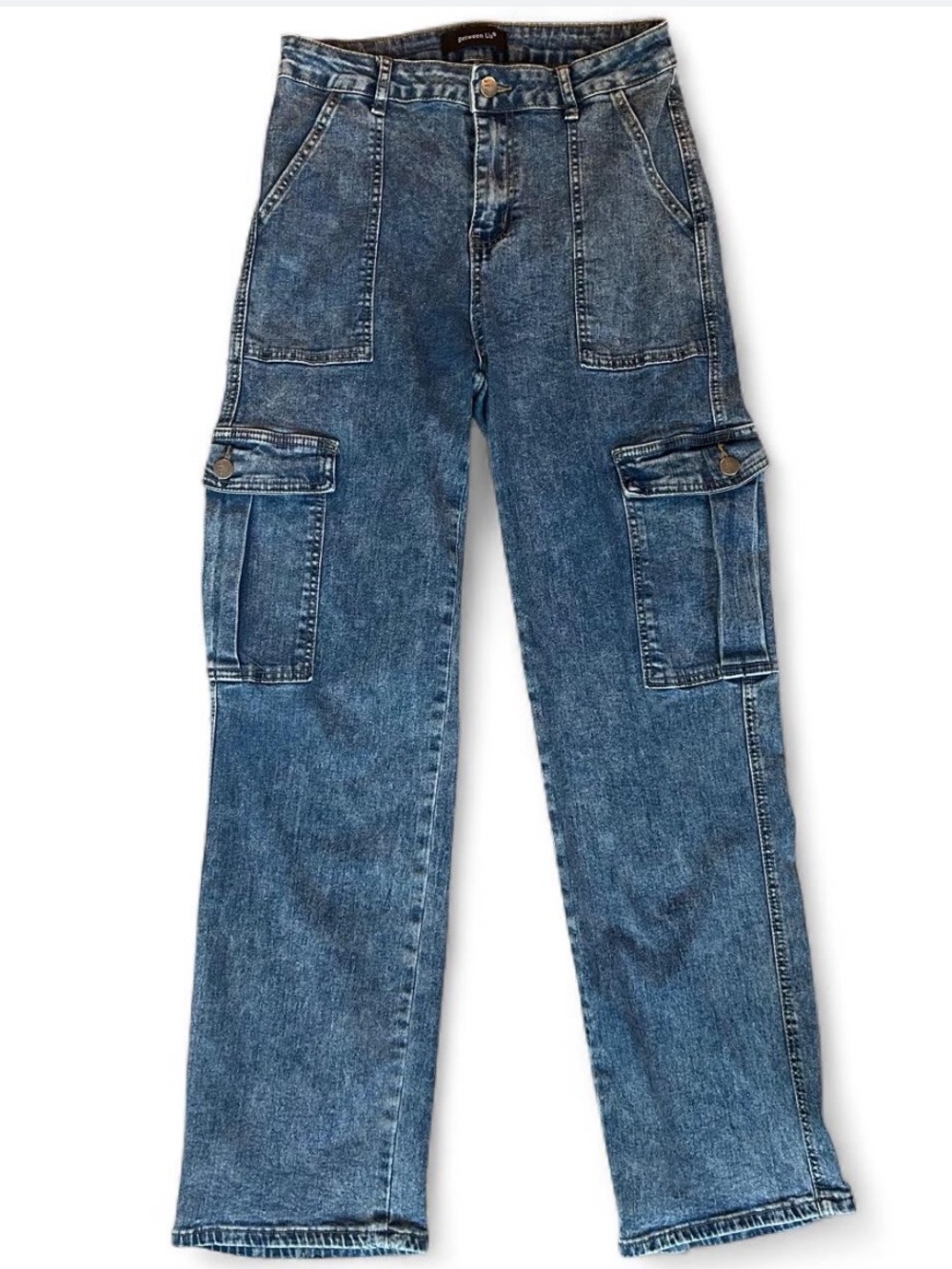 Y2K Cargo Jeans Medium Wash Straight Leg Denim Utility Pocket Streetwear Pants